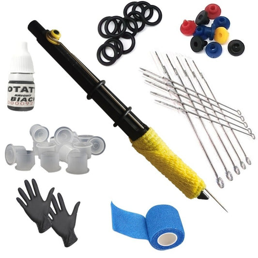 Plastic Hand Poke Stick Tool Tattoos Machine Needle Black Ink Cup Kit